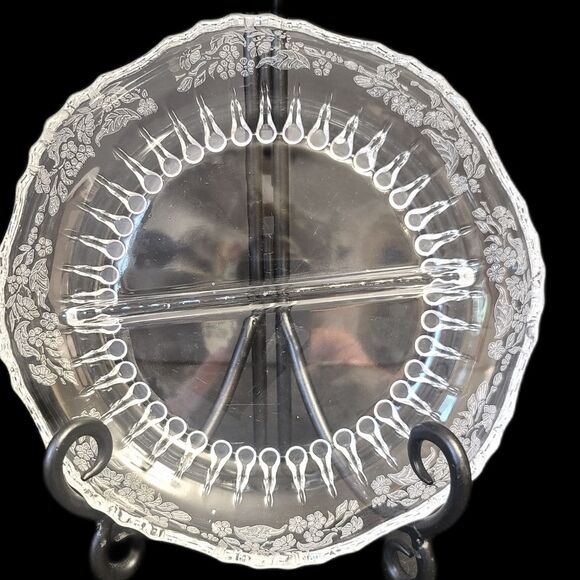 Etched Flower Design Two Section Glass Round 7" Relish Nut Candy Dish - Picture 2 of 4